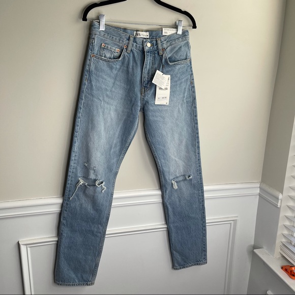 Zara straight distressed high rise full length blue jeans size 4 - Picture 2 of 10